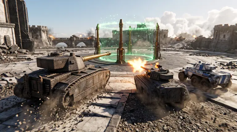 Una squadra di tre diversi modelli di carri armati avanza per conquistare un punto di controllo luminoso verde smeraldo al centro di una piazza fortificata.